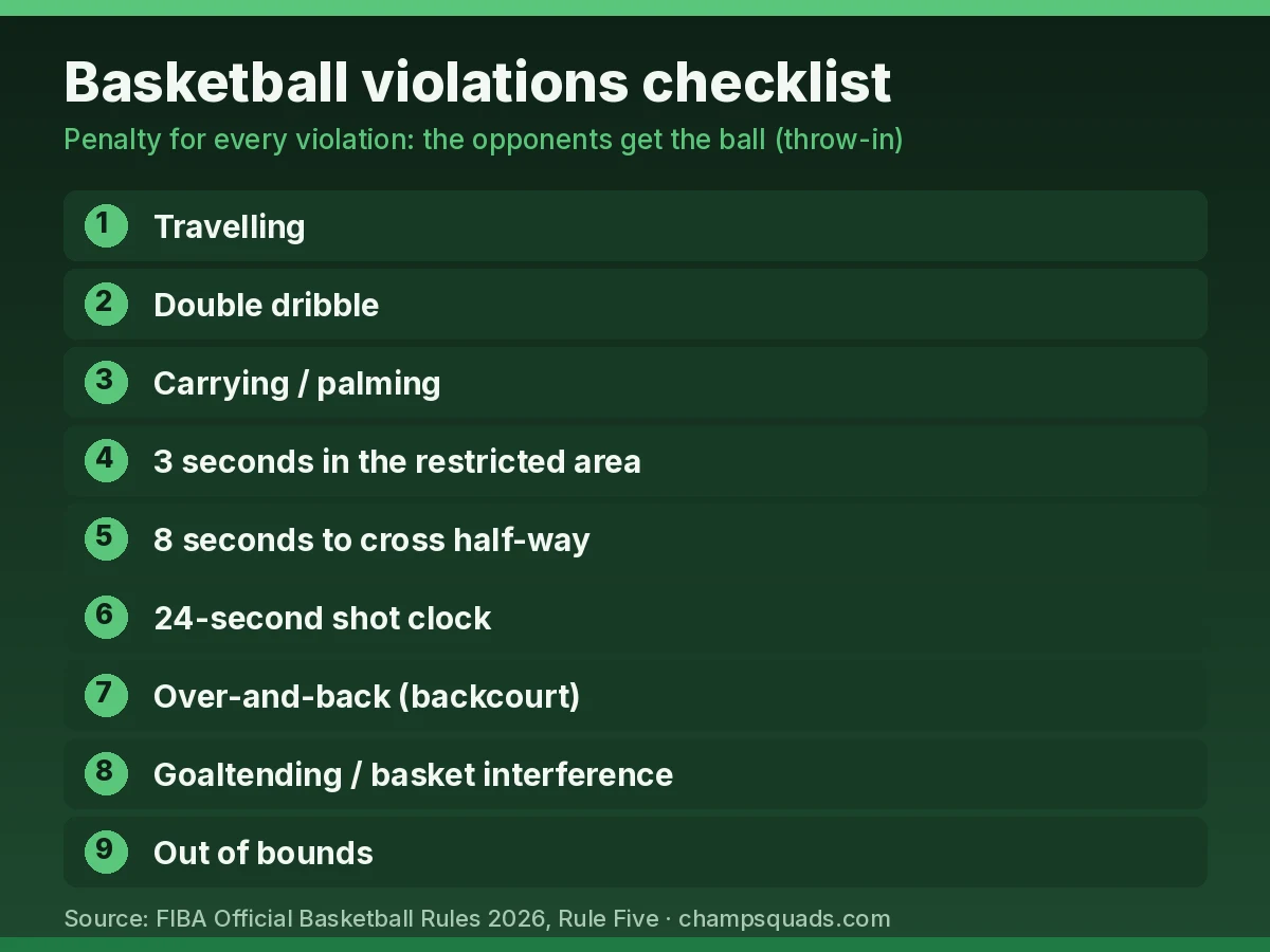 Checklist of basketball violations including travelling, double dribble and 3 seconds