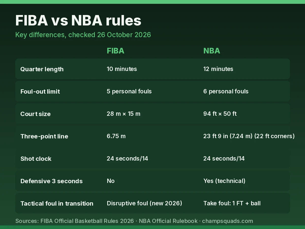 FIBA vs NBA basketball rules comparison card