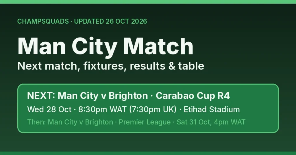 Man City match: next fixture Man City v Brighton, Wed 28 Oct, 8:30pm WAT