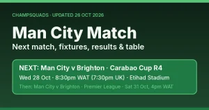 Man City match: next fixture Man City v Brighton, Wed 28 Oct, 8:30pm WAT