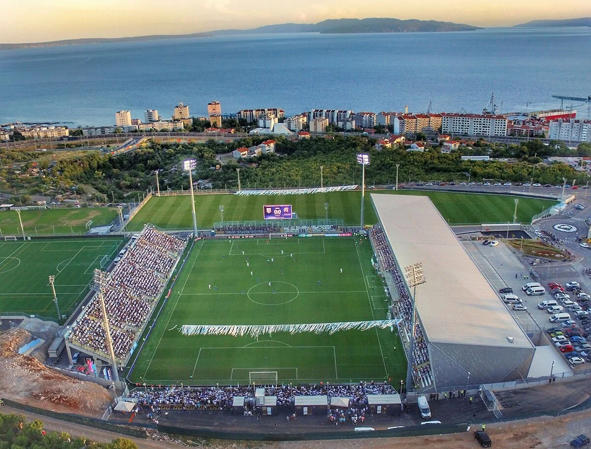 Aerial view of Rujevica stadium in Rijeka during an HNL match